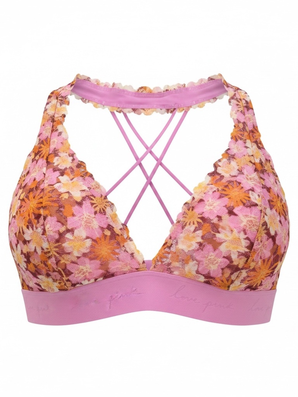 PINK Victoria's Secret Pink & Orange Floral Lace Bralette with Crisscross Straps